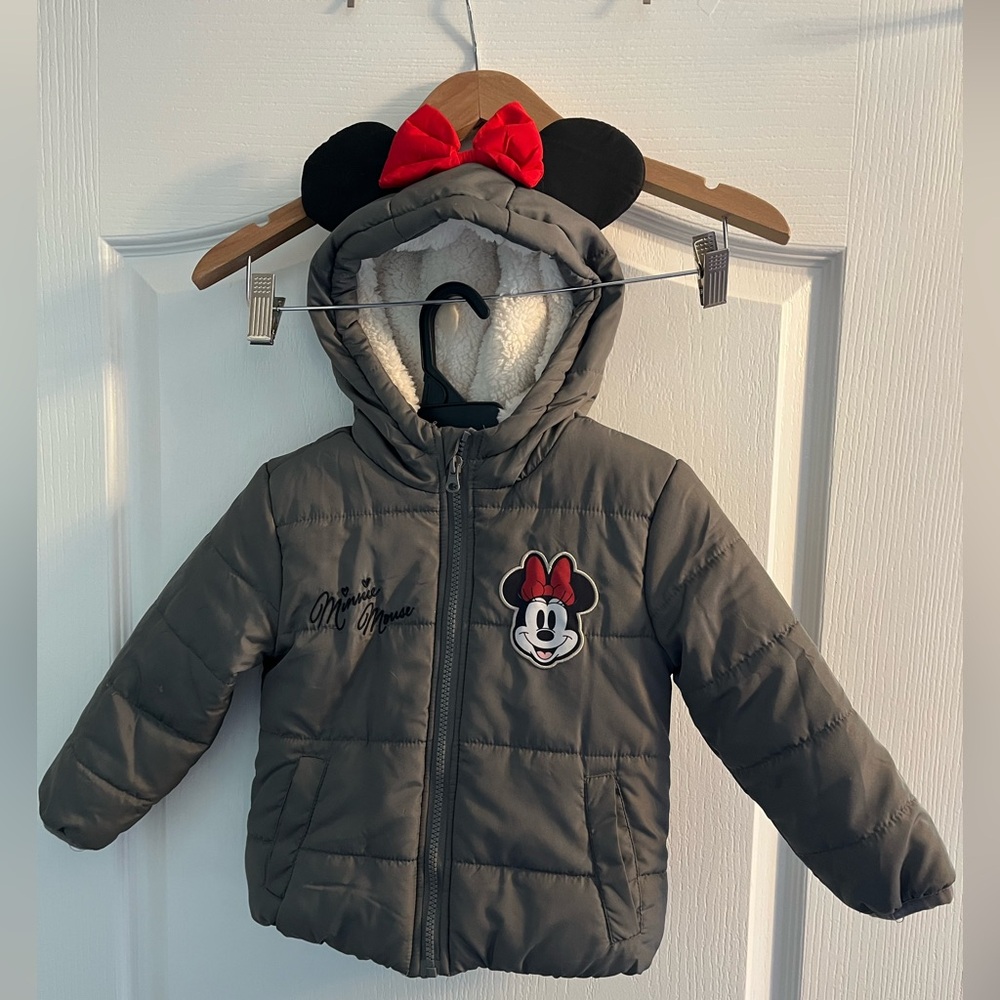 Disney Junior Grey Puffer Jacket with Black Ears and Red Bow